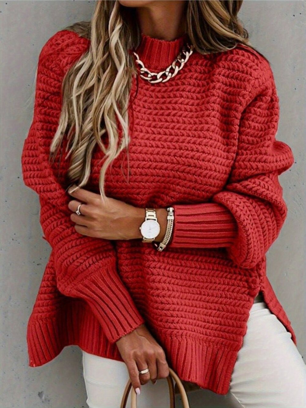 Red Casual Elegant Women's Loose Round Neck Long Sleeve Pullovers